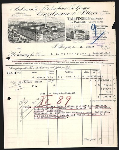 Rechnung tailfingen 1924 - rechnung,